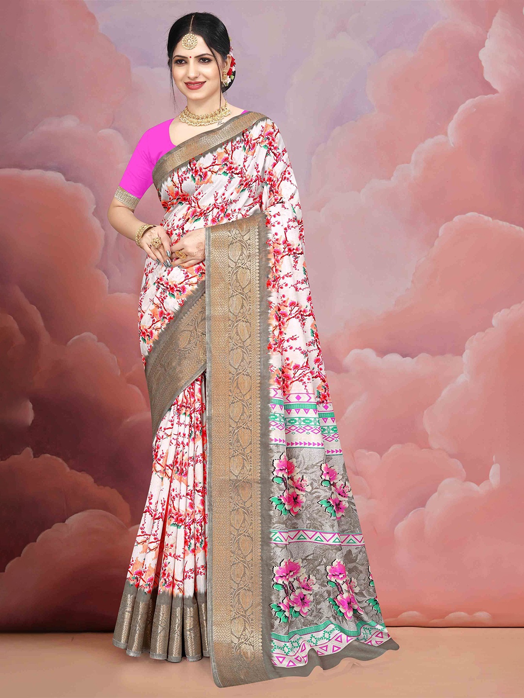 

STAVA CREATION Floral Zari Silk Cotton Mysore Silk Saree, Pink