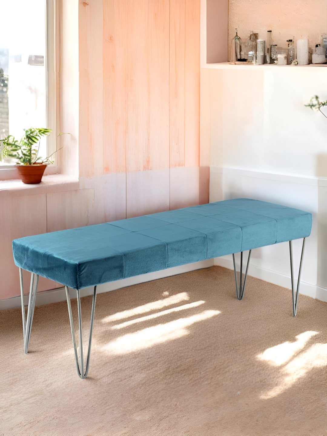 

Ikiriya Belmont Turquoise Blue Sheesham Wood Accent 3-Seater Bench With Metal Legs