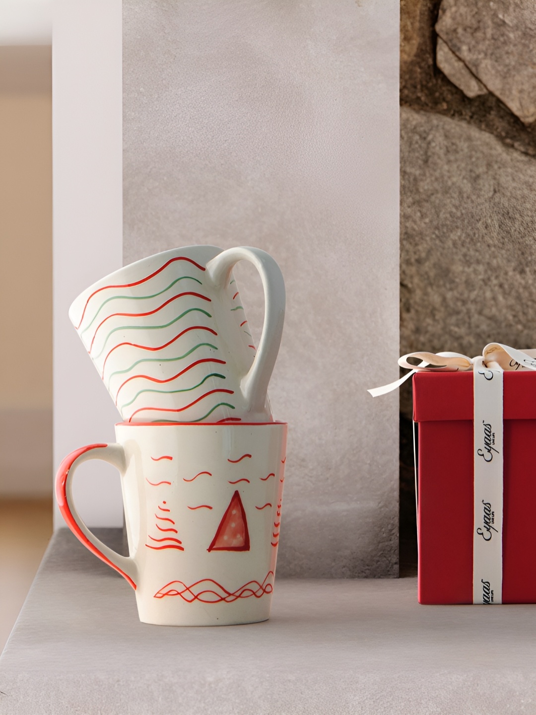 

Eyaas Red & White Printed Ceramic Matte Mugs Set of Cups and Mugs