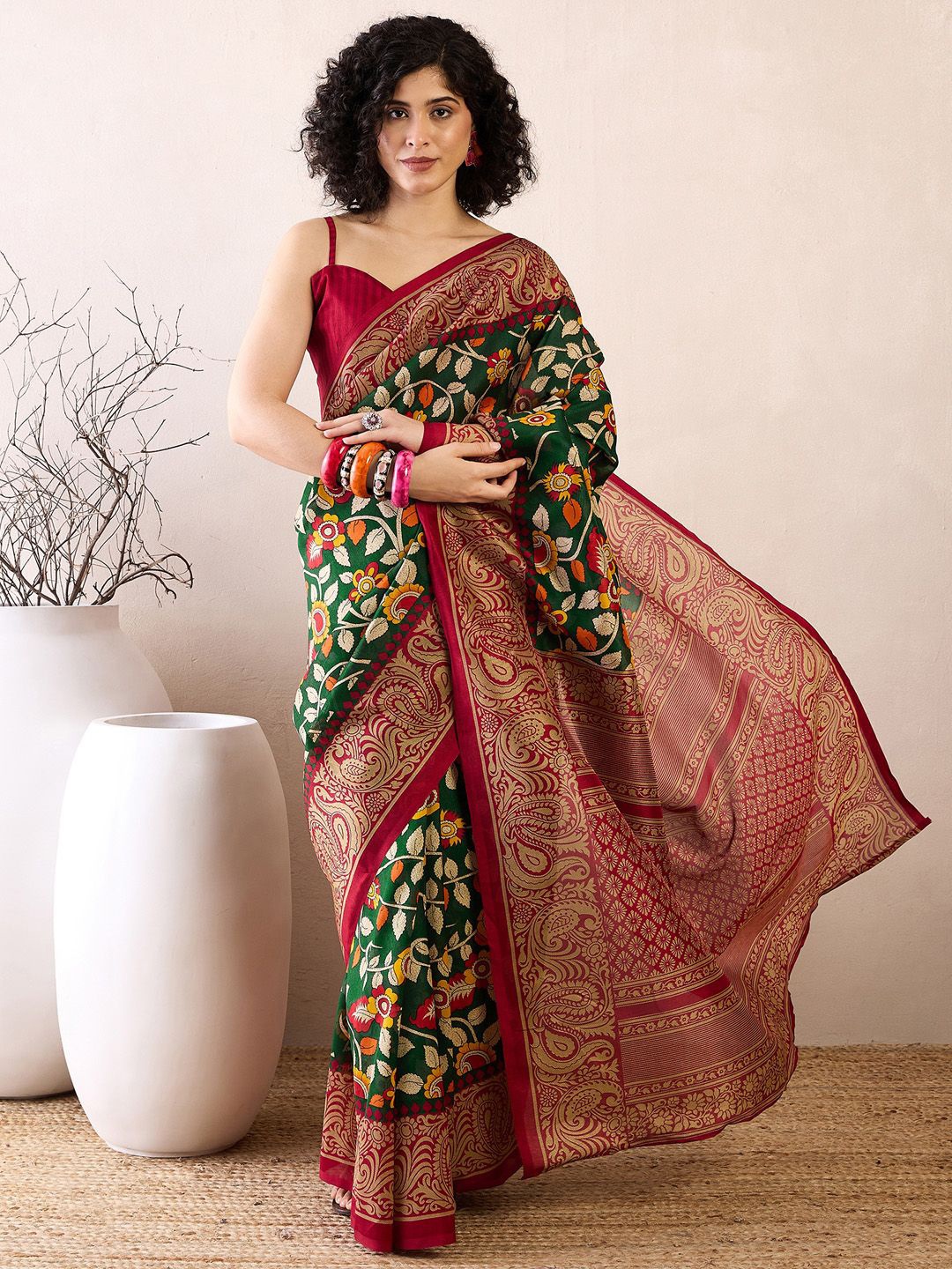 

Saree mall Ready to Wear Kalamkari Art Silk Bagru Sarees, Green