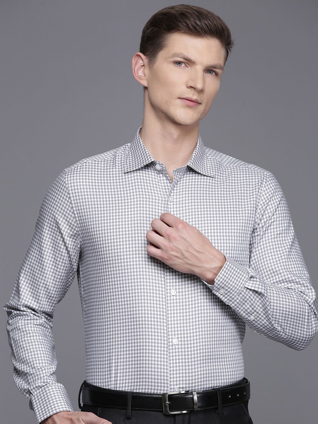 

Louis Philippe Pure Cotton Classic Fit Gingham Checks Opaque Formal Shirt, Grey