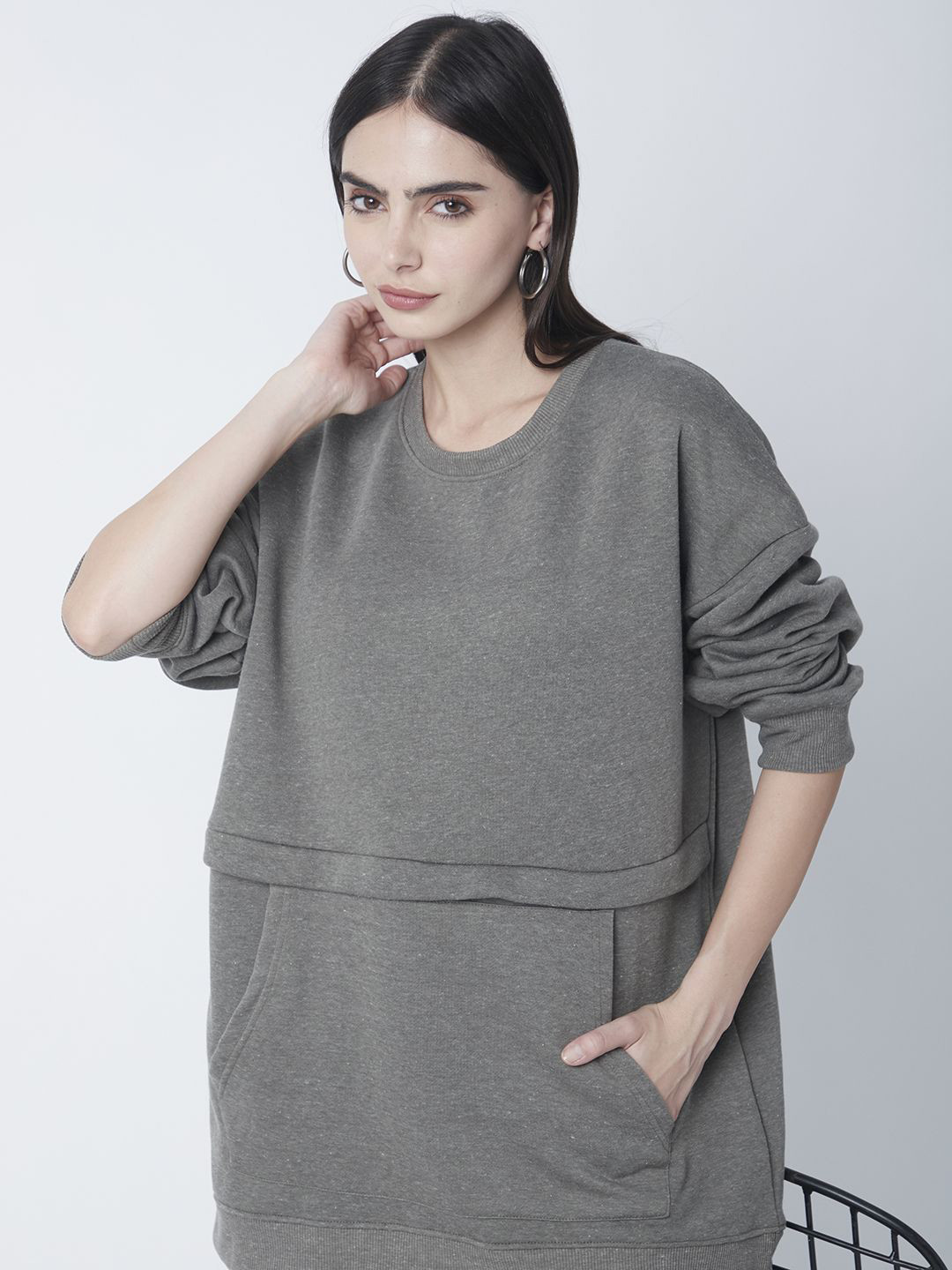 

R&B Women Long Sleeves Longline Pullover Cotton Sweatshirt, Grey