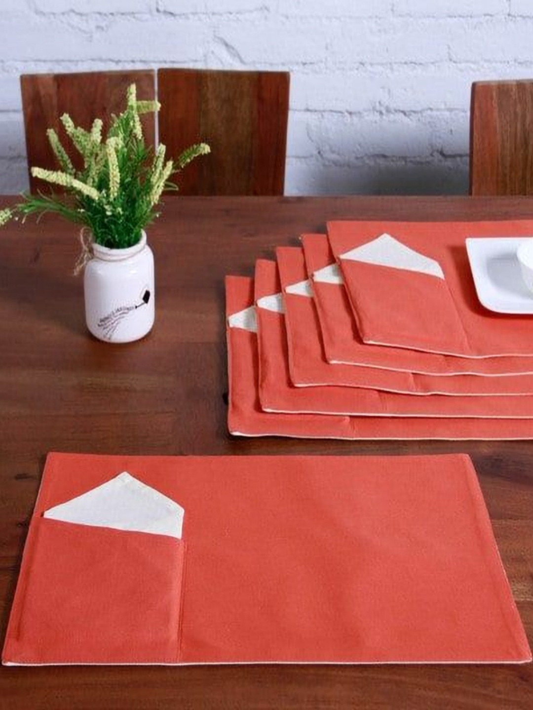 

Lushomes Orange-Color & Beige 12 Pieces Cotton Table Placemats