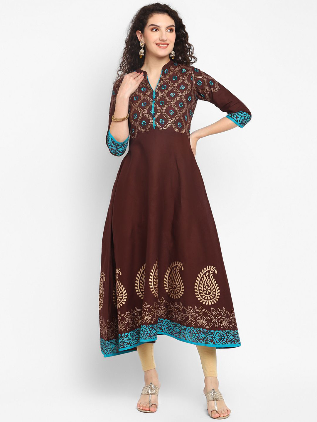 

CROESUS Women Block Printed Cotton Anarkali Kurta, Brown