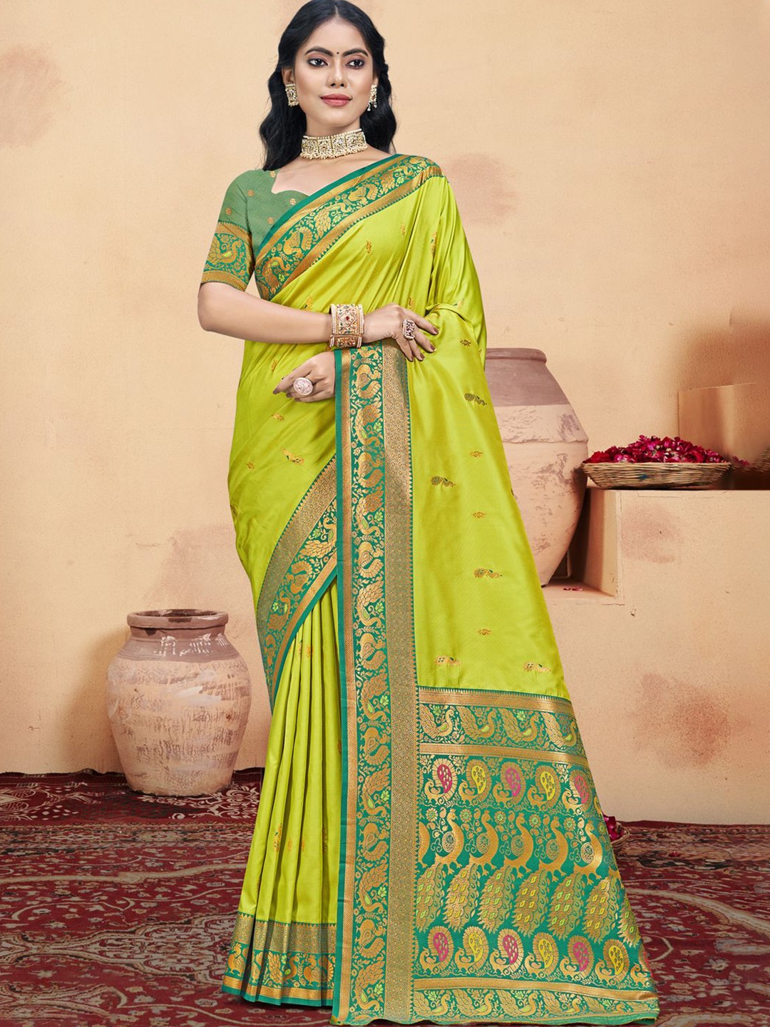 

SANGAM PRINTS Woven Design Silk Blend Designer Tussar Saree, Sea green