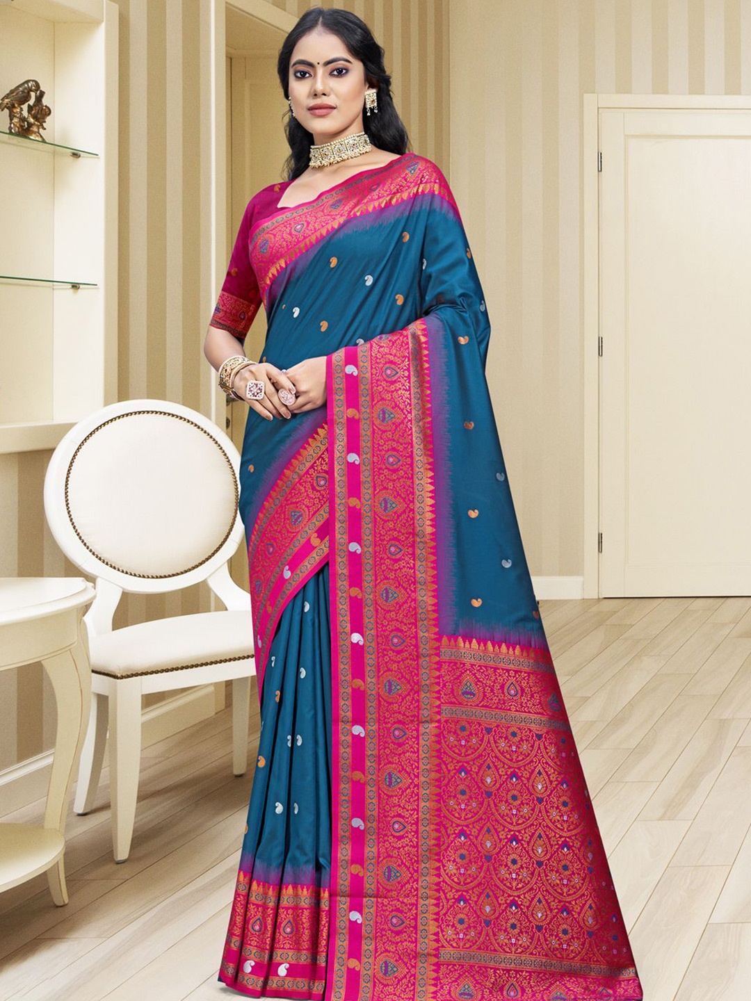 

SANGAM PRINTS Woven Design Silk Blend Designer Tussar Saree, Blue