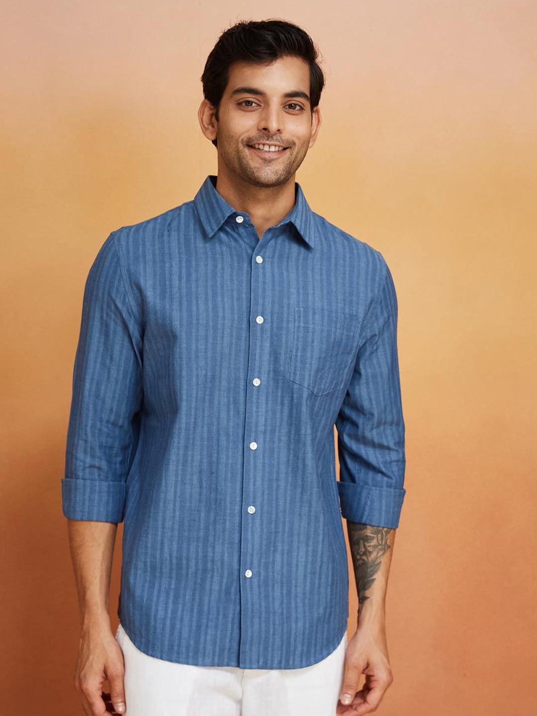 

Fabindia Men Slim Fit Opaque Striped Casual Shirt, Blue