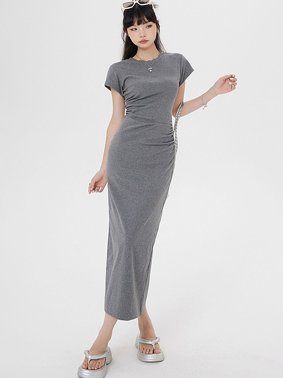 

LULU & SKY Women Round Neck Sheath Maxi Dress, Grey