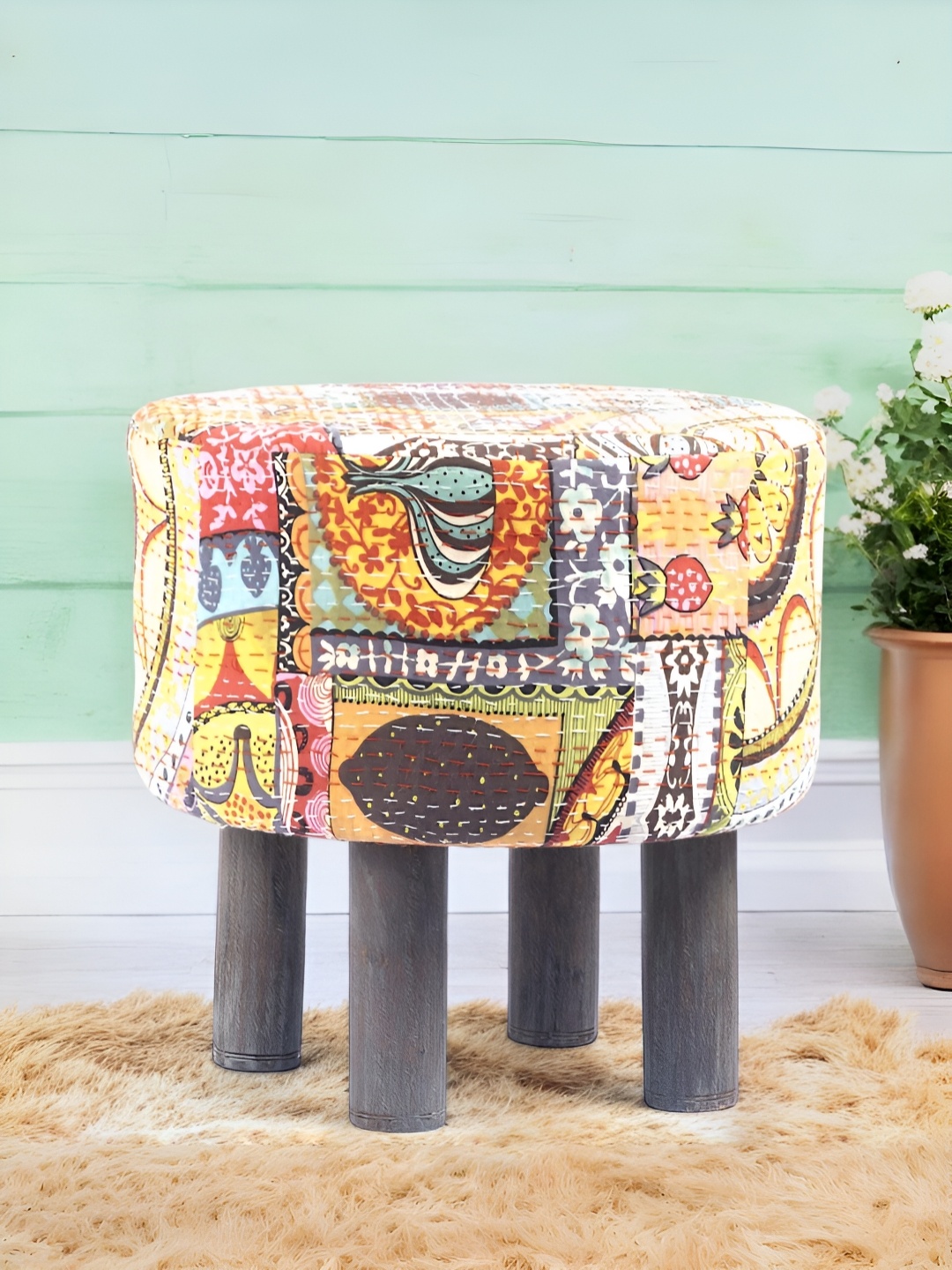 

Ikiriya Yellow & Brown Embroidered Round Ottoman