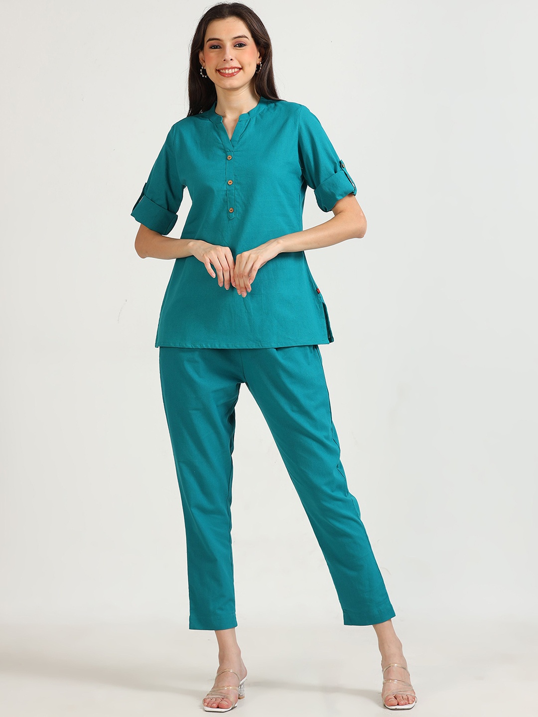 

Marcia Pure Cotton Mandarin Collar Top & Trousers Co-Ords, Teal