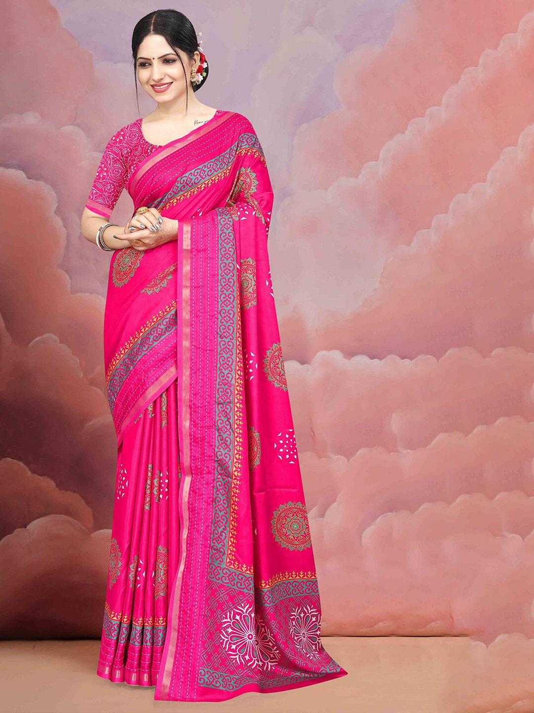 

STAVA CREATION Ethnic Motifs Zari Silk Cotton Mysore Silk Saree, Pink