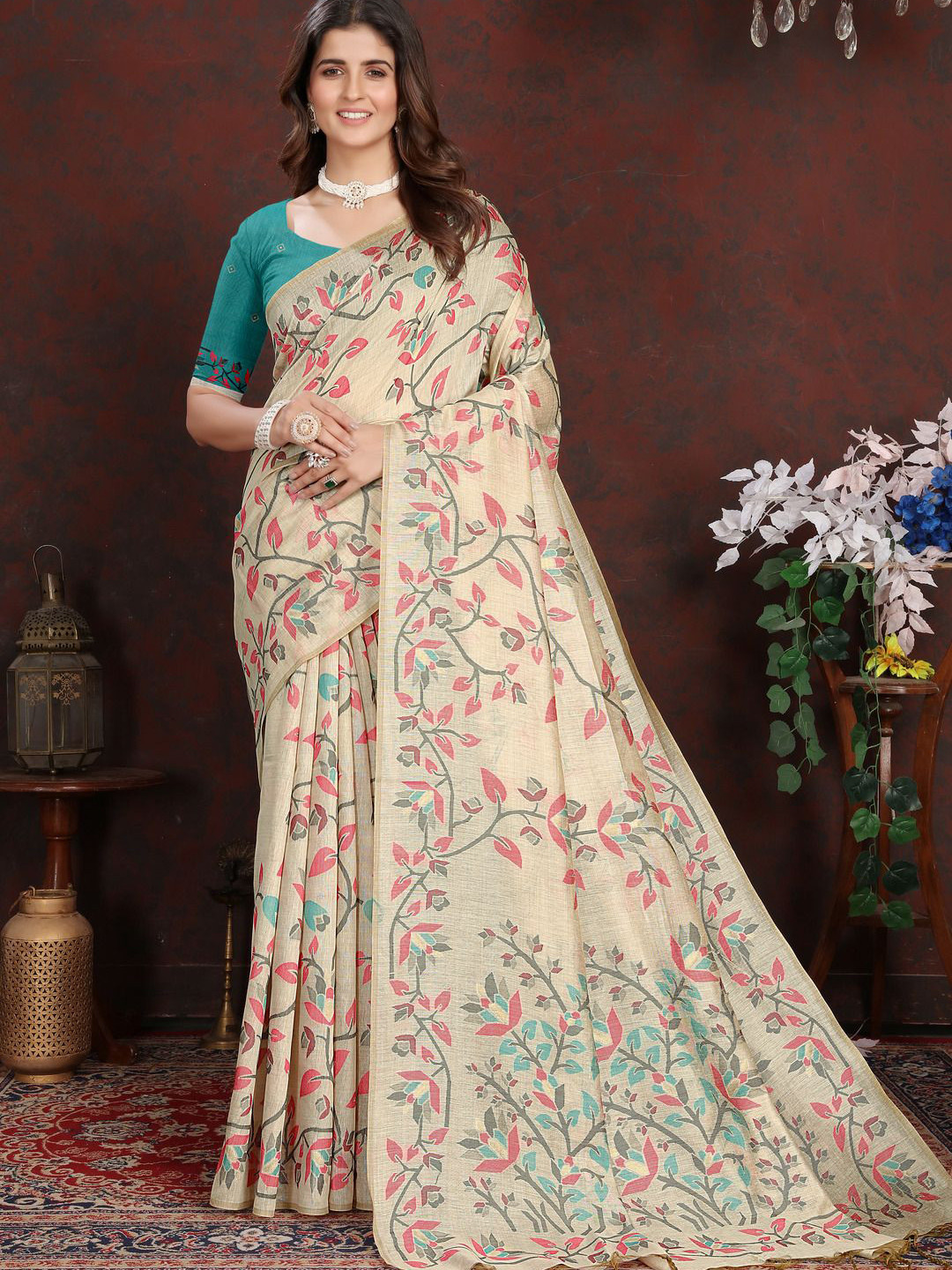 

ISHIKA FAB Woven Design Pure Cotton Jamdani Saree, Turquoise blue