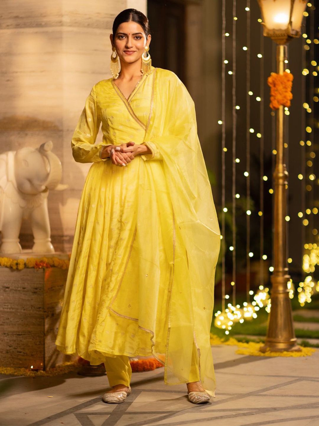 

Ambraee Women Angrakha Kurta with Trousers & With Dupatta, Yellow