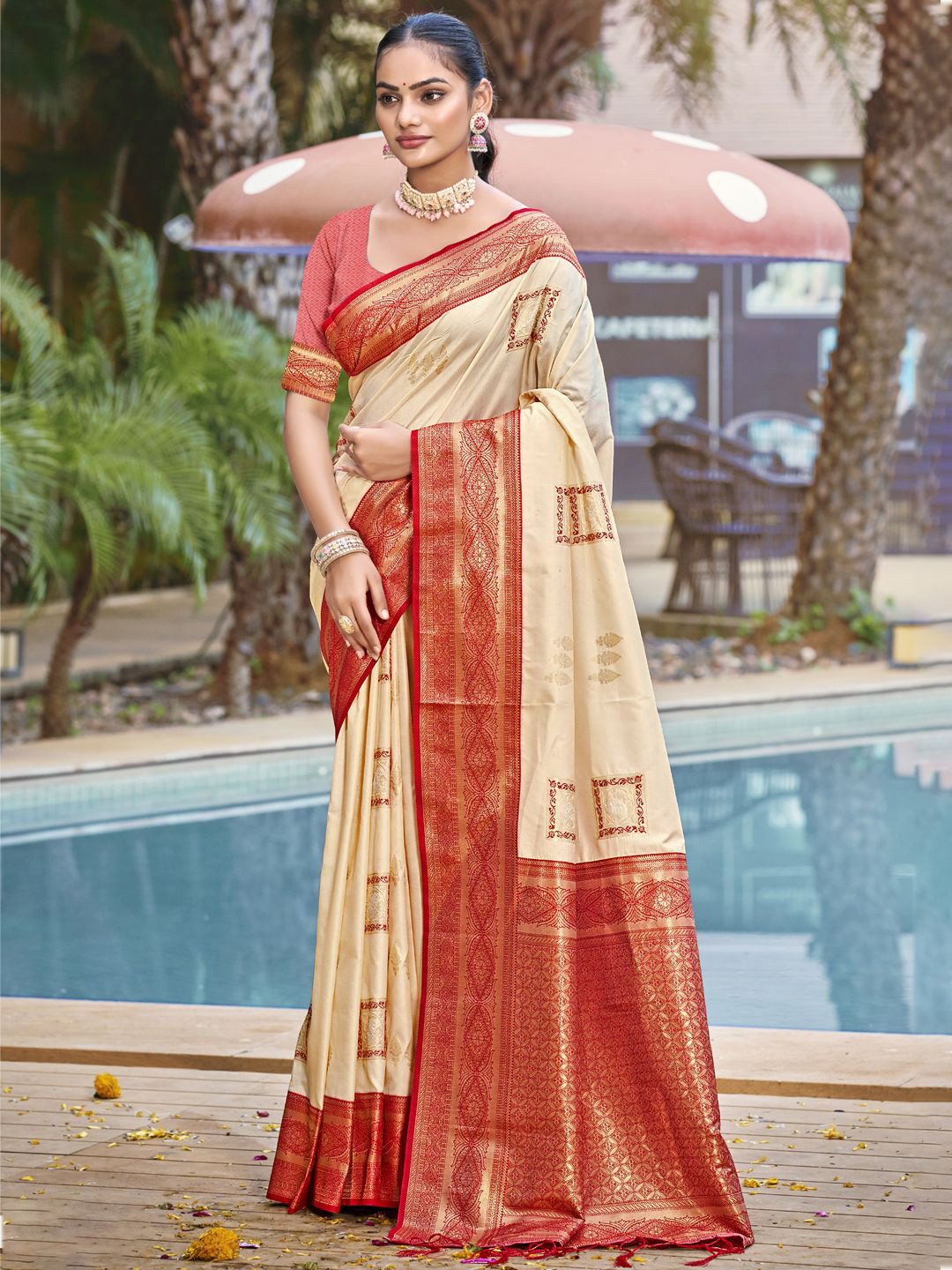 

SANGAM PRINTS Woven Design Zari Silk Blend Designer Tussar Saree, Cream