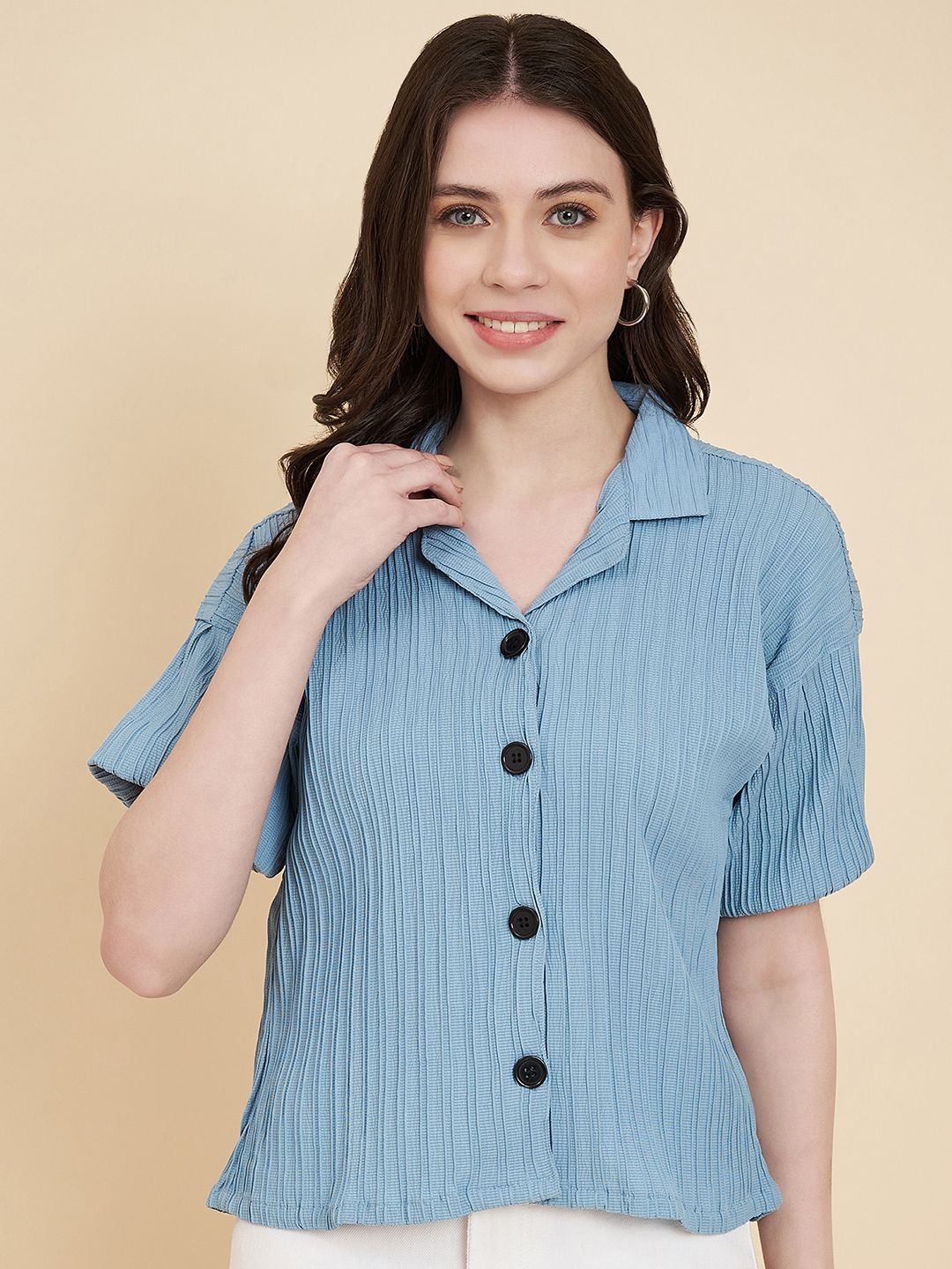 

HERE&NOW Women Classic Boxy Opaque Striped Casual Shirt, Blue