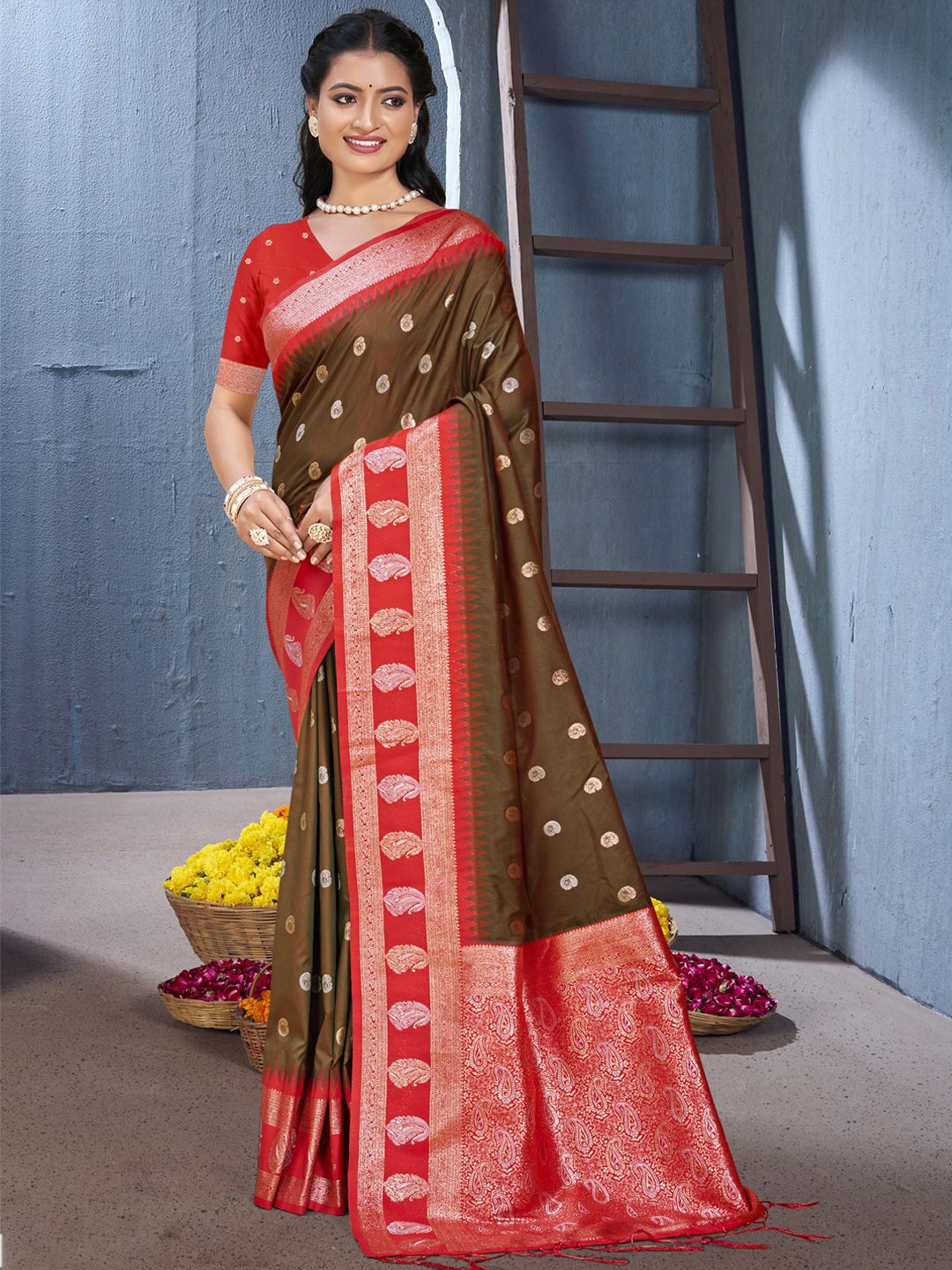 

SANGAM PRINTS Woven Design Silk Blend Designer Tussar Saree, Brown