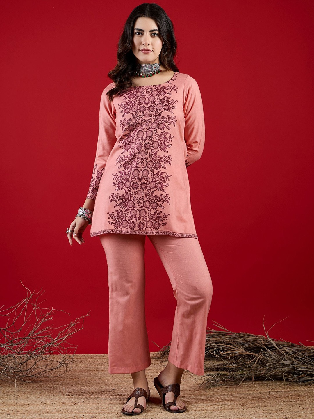 

SAHASIKA Floral Self Design Round Neck Three-Quarter Sleeves Top & Trouser, Peach