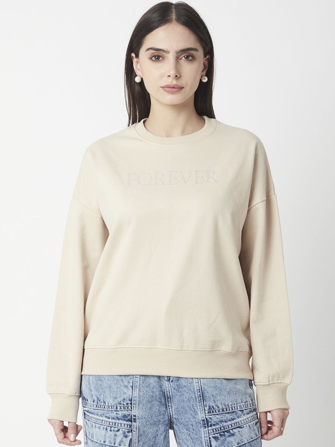 

R&B Women Round Neck Pullover Sweatshirt, Beige