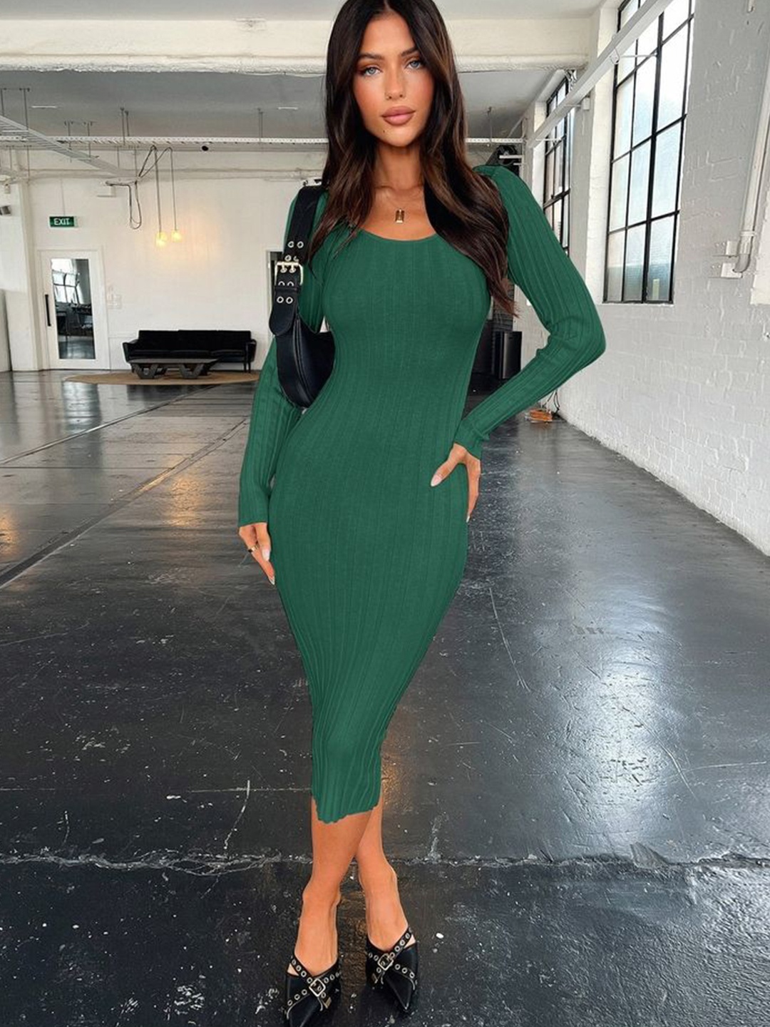 

LULU & SKY Women Round Neck Bodycon Midi Dress, Green
