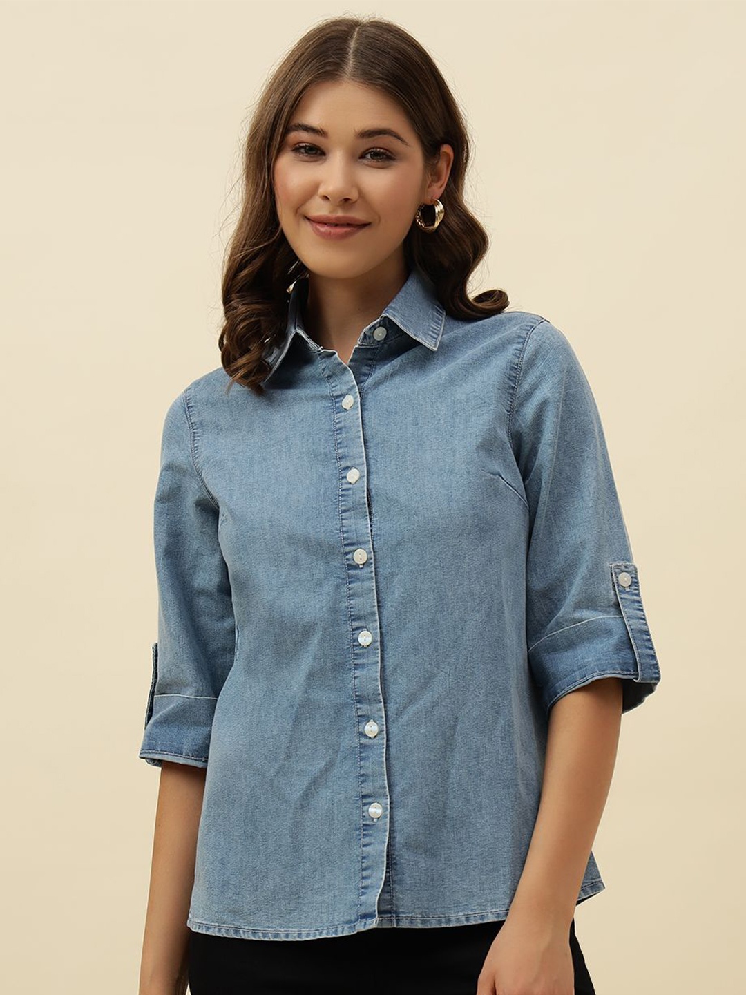 

Beatnik Women Classic Spread Collar Faded Denim Casual Shirt, Blue