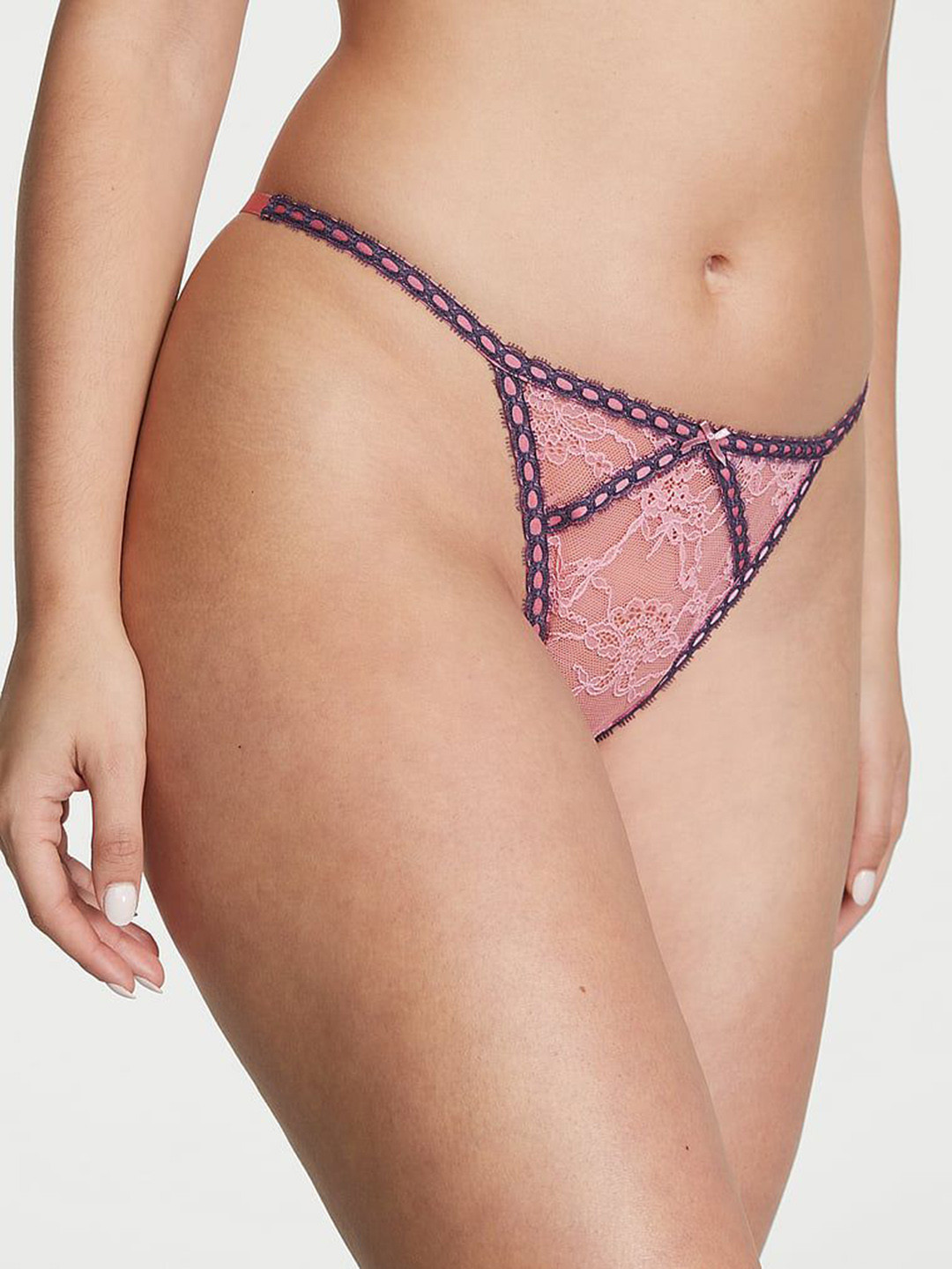 

Victoria's Secret Dream Angels Ribbon Slot Lace V-String Panty 112219304SHM, Pink