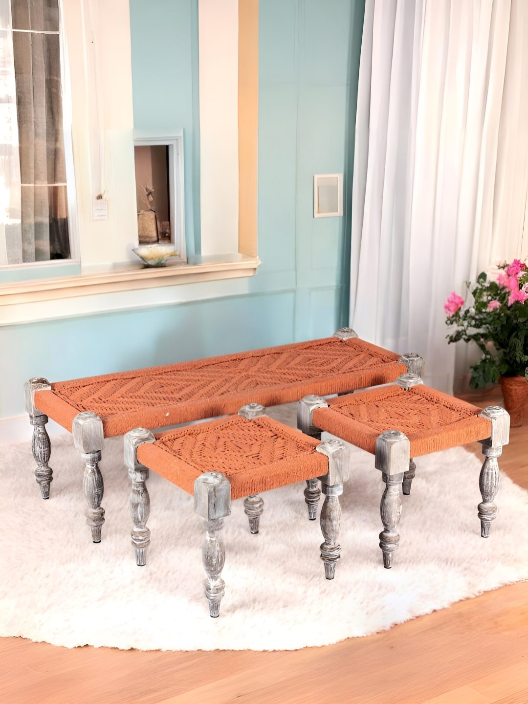 

Ikiriya Orange & Grey Wood Vintage 3 Seater Maachi Bench Set With 2 Stools