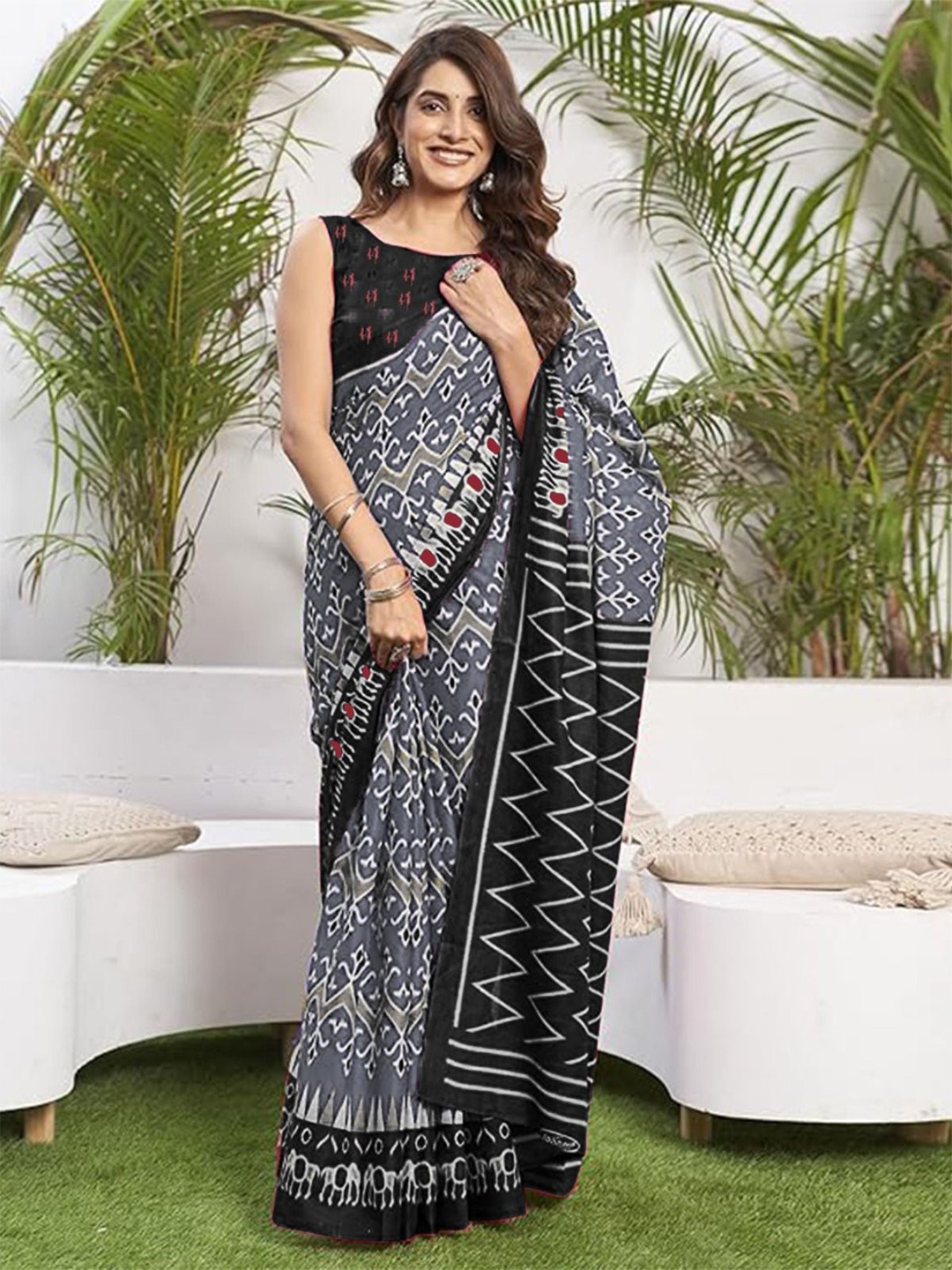 

Anouk Pure Cotton Ikat Saree, Grey