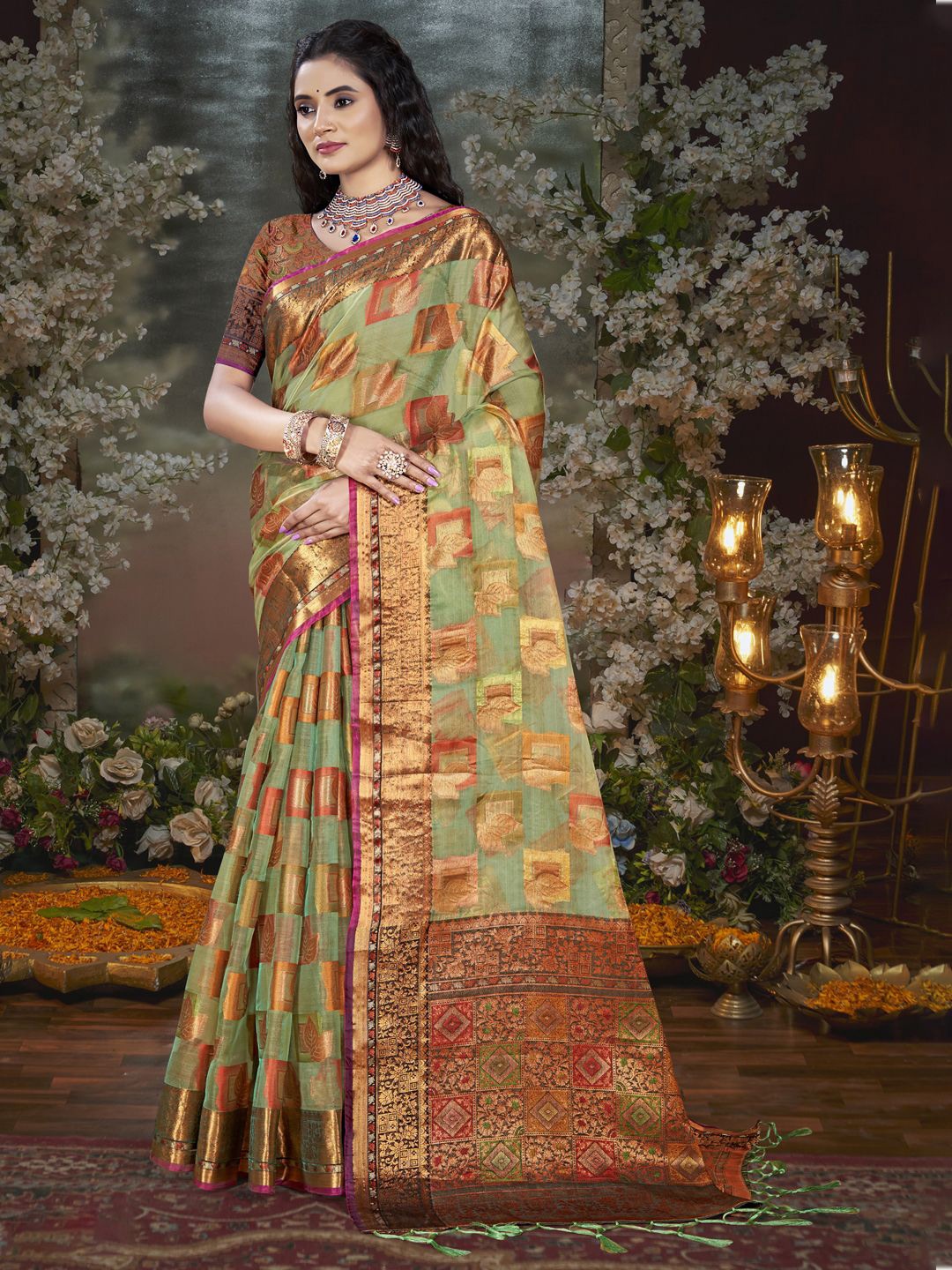 

SANGAM PRINTS Woven Design Tissue Designer Tussar Saree, Beige