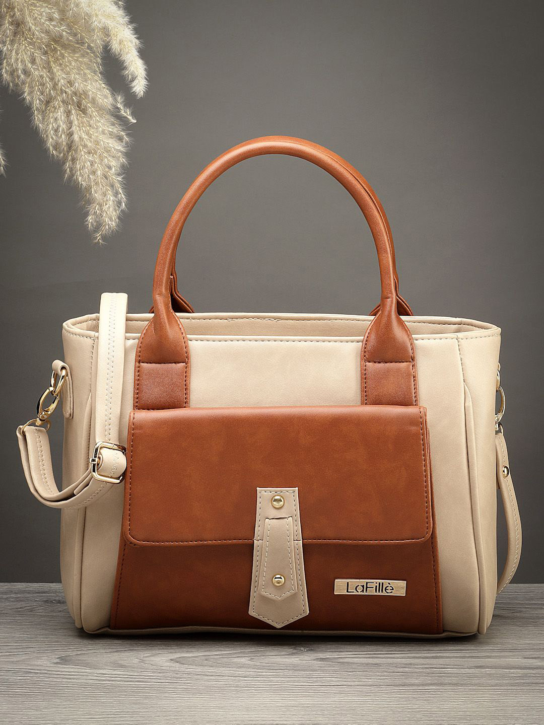 

LaFille PU Shopper Handheld Bag with Applique, Cream