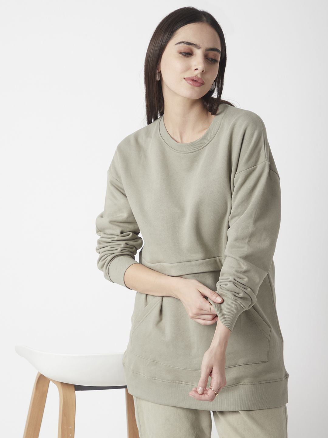 

R&B Women Round Neck Pullover Cotton Sweatshirt, Green