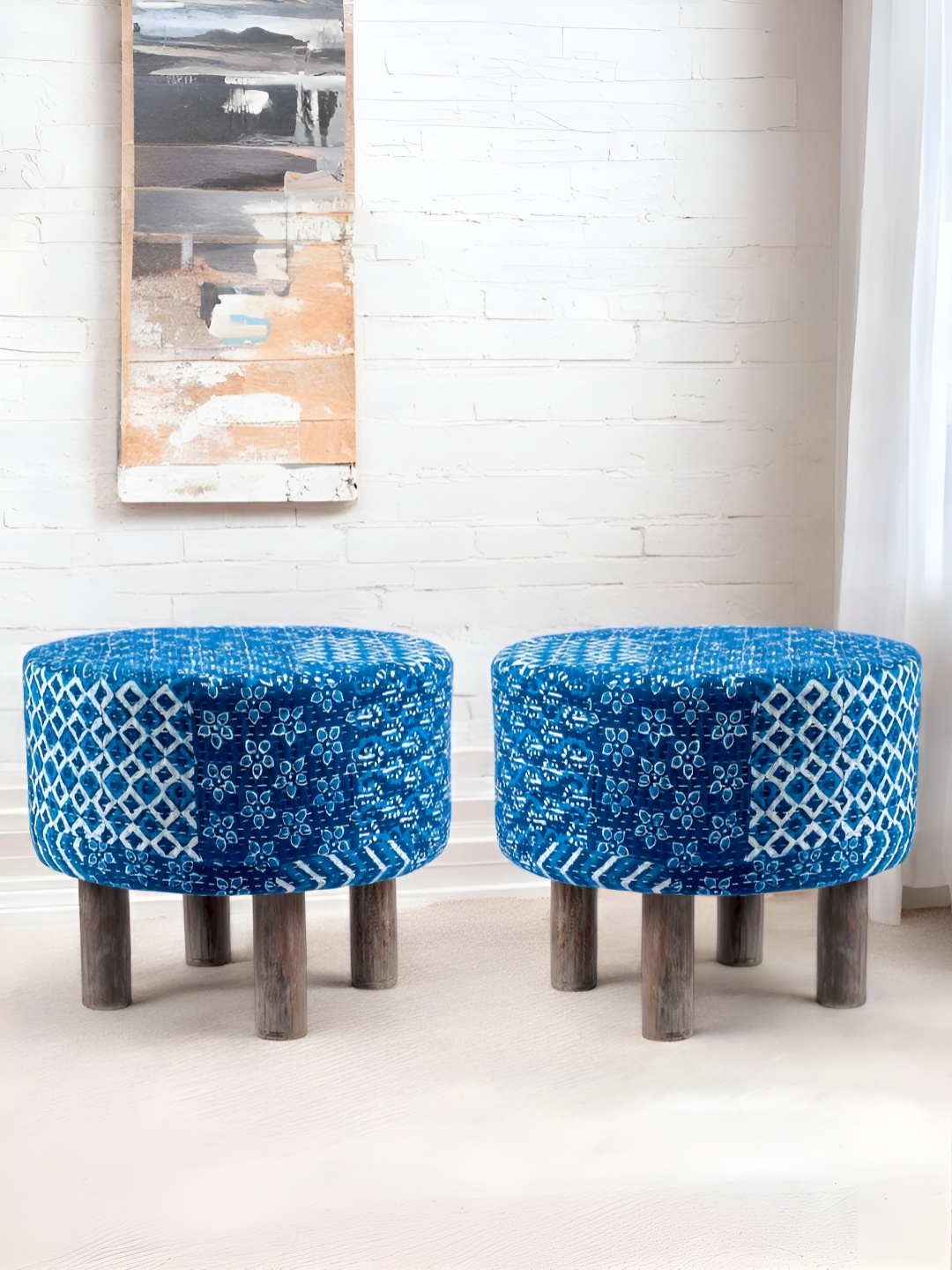 

Ikiriya 2-Pcs Blue & White Printed Wooden Round Ottomans