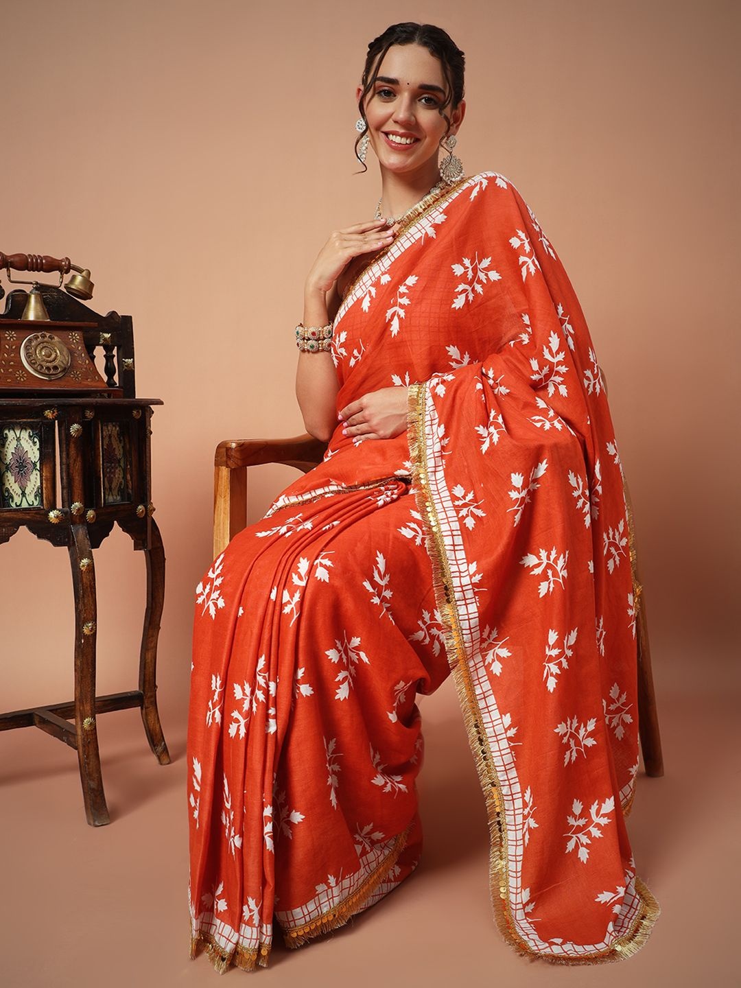 

Anouk Ethnic Motifs Printed Pure Cotton Block Print Saree, Orange
