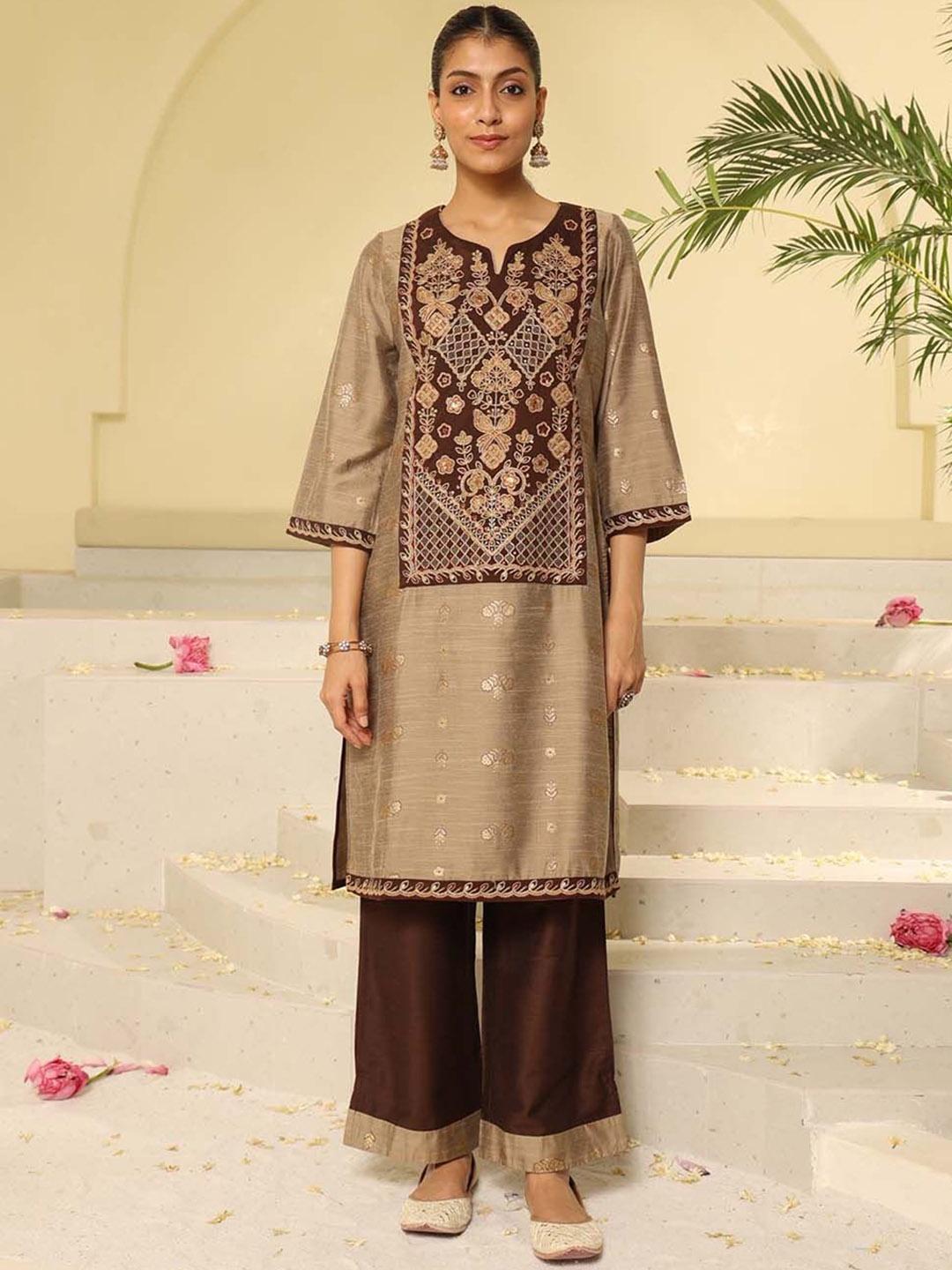 

Lakshita Women Ethnic Motifs Embroidered Regular Thread Work Kurta with Palazzos, Brown