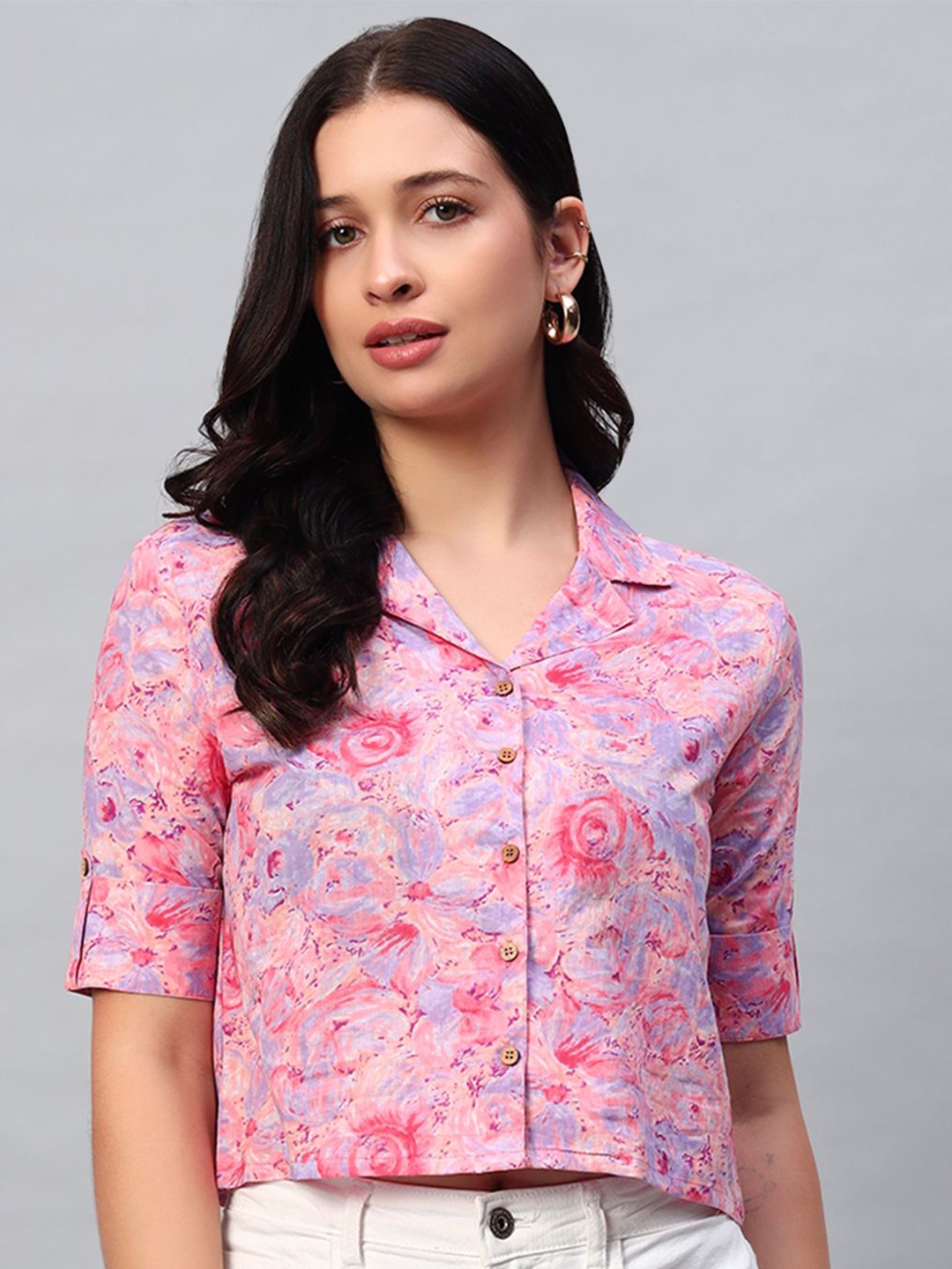 

PIDAVLIYA'S Floral Print Cotton Shirt Style Top, Pink