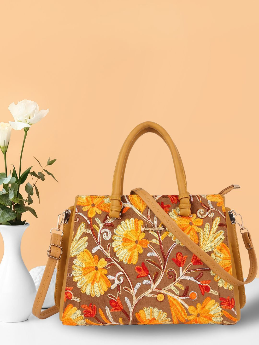 

LIKE STYLE Ethnic Motifs Textured Structured Shoulder Bag, Beige