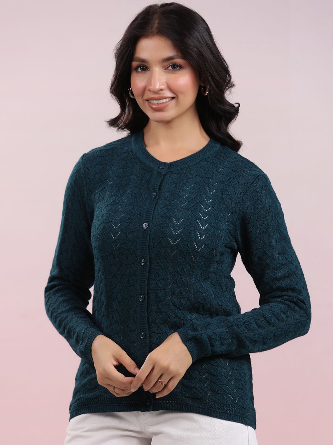 

Janasya Self Design Woollen Winter Cardigan, Teal