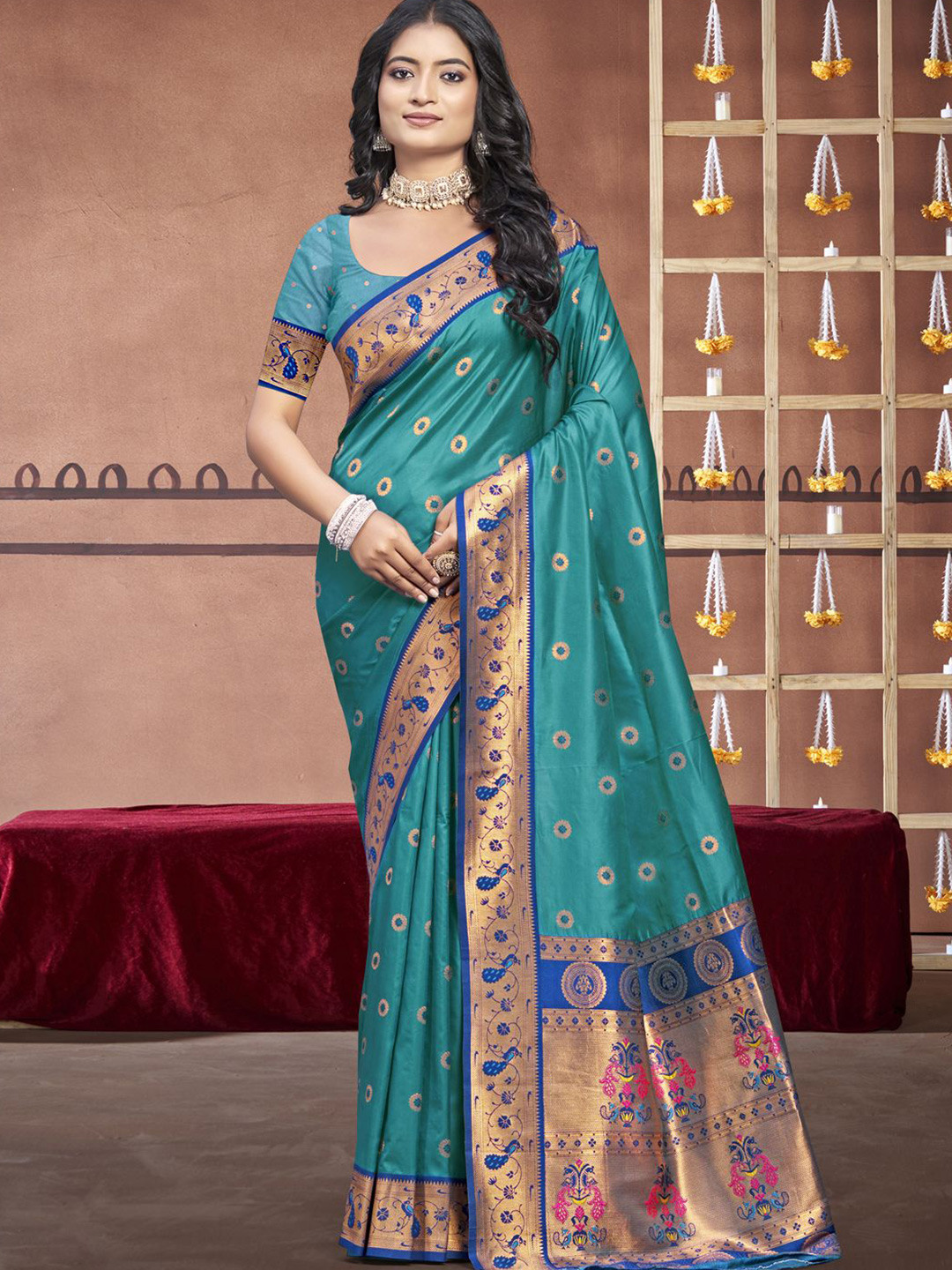 

SANGAM PRINTS Woven Design Zari Silk Blend Designer Tussar Saree, Blue