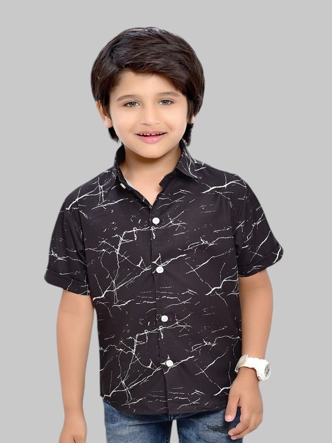 

BAESD Boys Comfort Spread Collar Abstract Printed Cotton Casual Shirt, Black