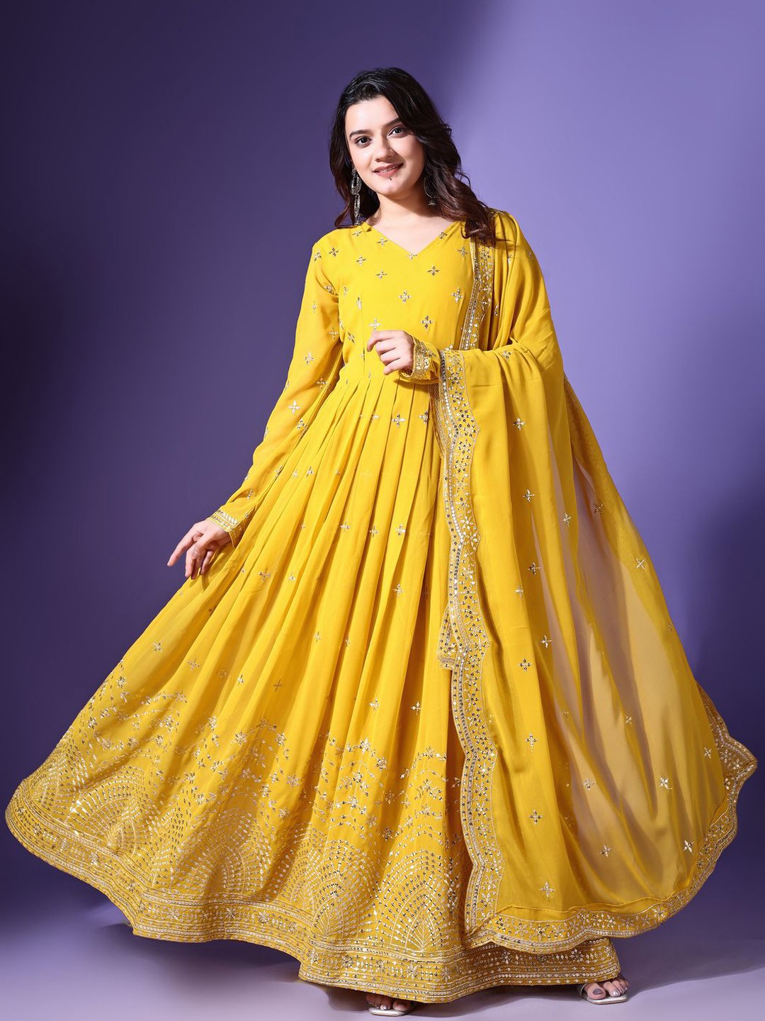 

Fashionuma Embroidered Fit & Flared Ethnic Dress, Yellow
