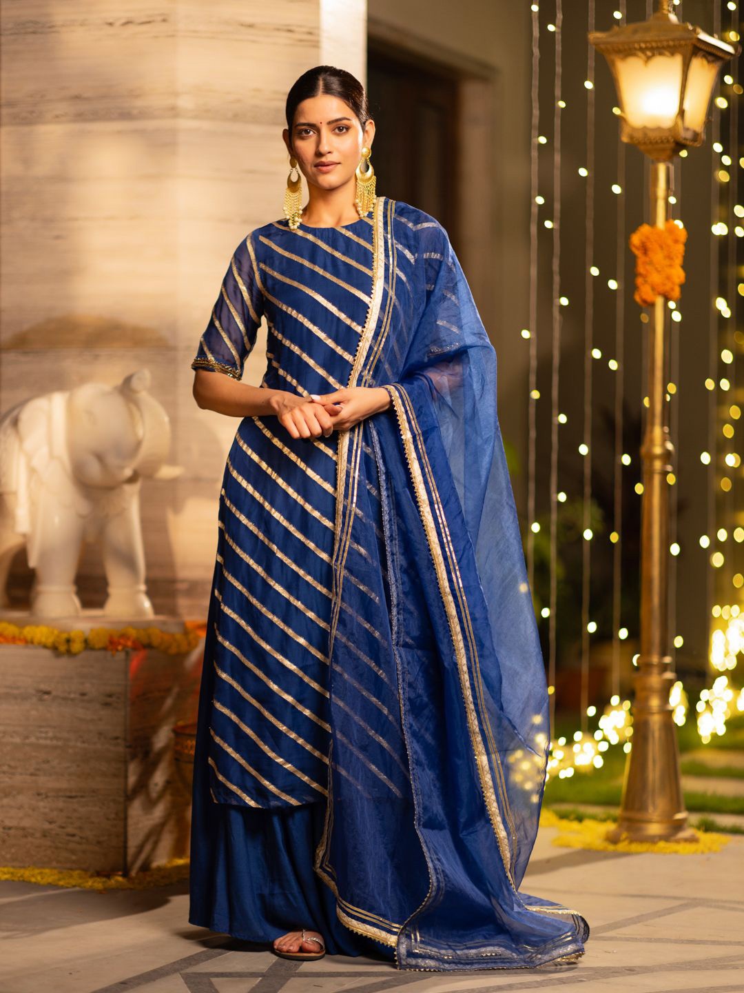 

Ambraee Leheriya Printed Kurta With Palazzos & Dupatta, Blue