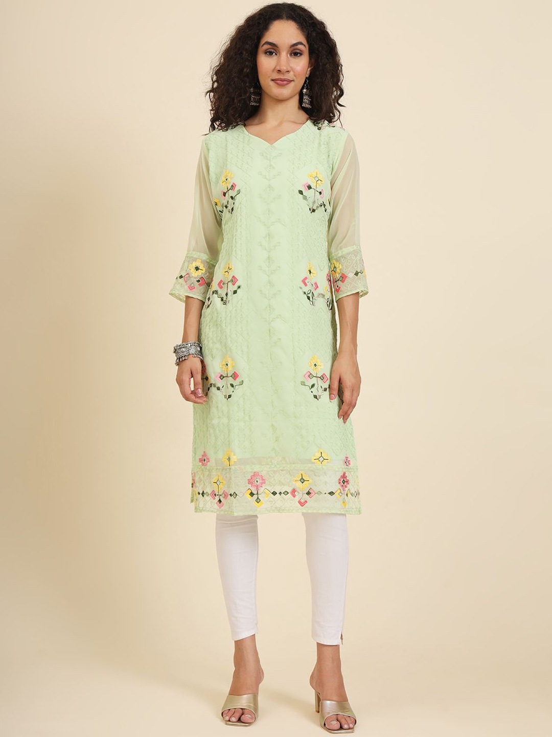 

HERE&NOW Women Floral Embroidered Thread Work Georgette Kurta, Olive
