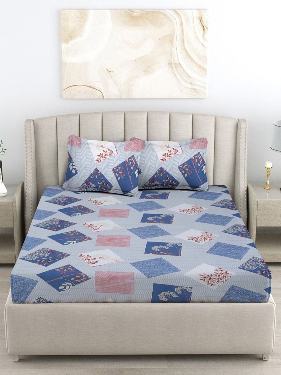 

FABINALIV Blue & Pink Geometric 300 TC Fitted King Bedsheet Set 2.50m X 2.25m