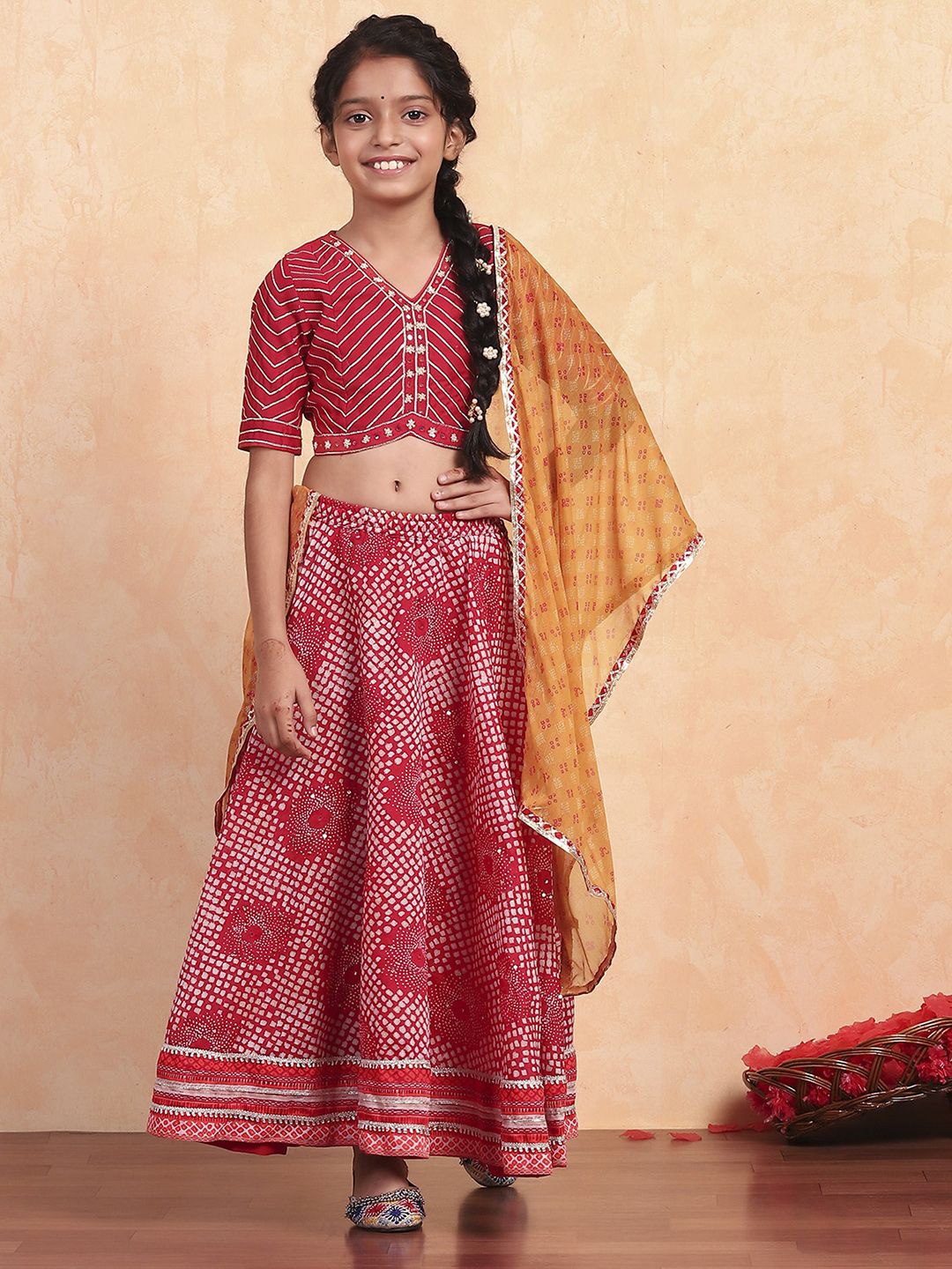 

Biba Girls Printed Mirror Work Ready to Wear Lehenga & Blouse With Dupatta, Red