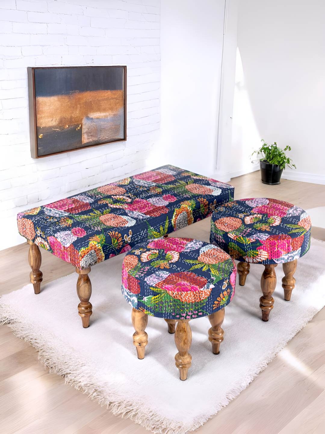 

Ikiriya Blue & Pink Wooden Printed 2 Seater Bench & Stools