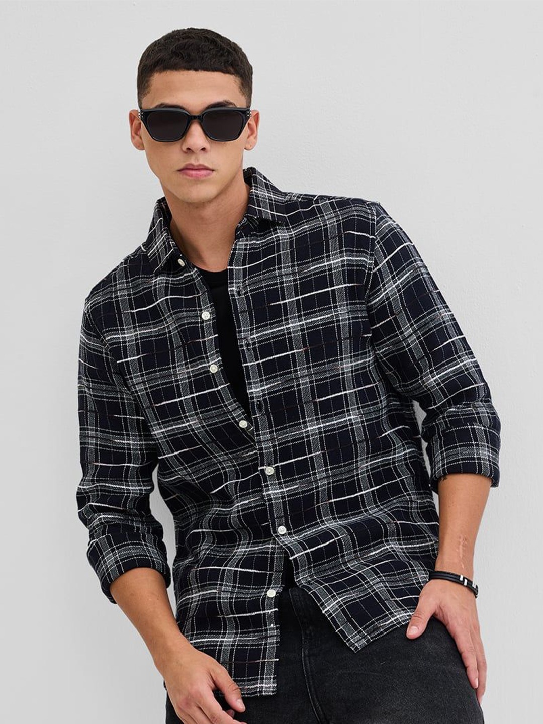 

Snitch Men Checked Open Front Jacket, Black
