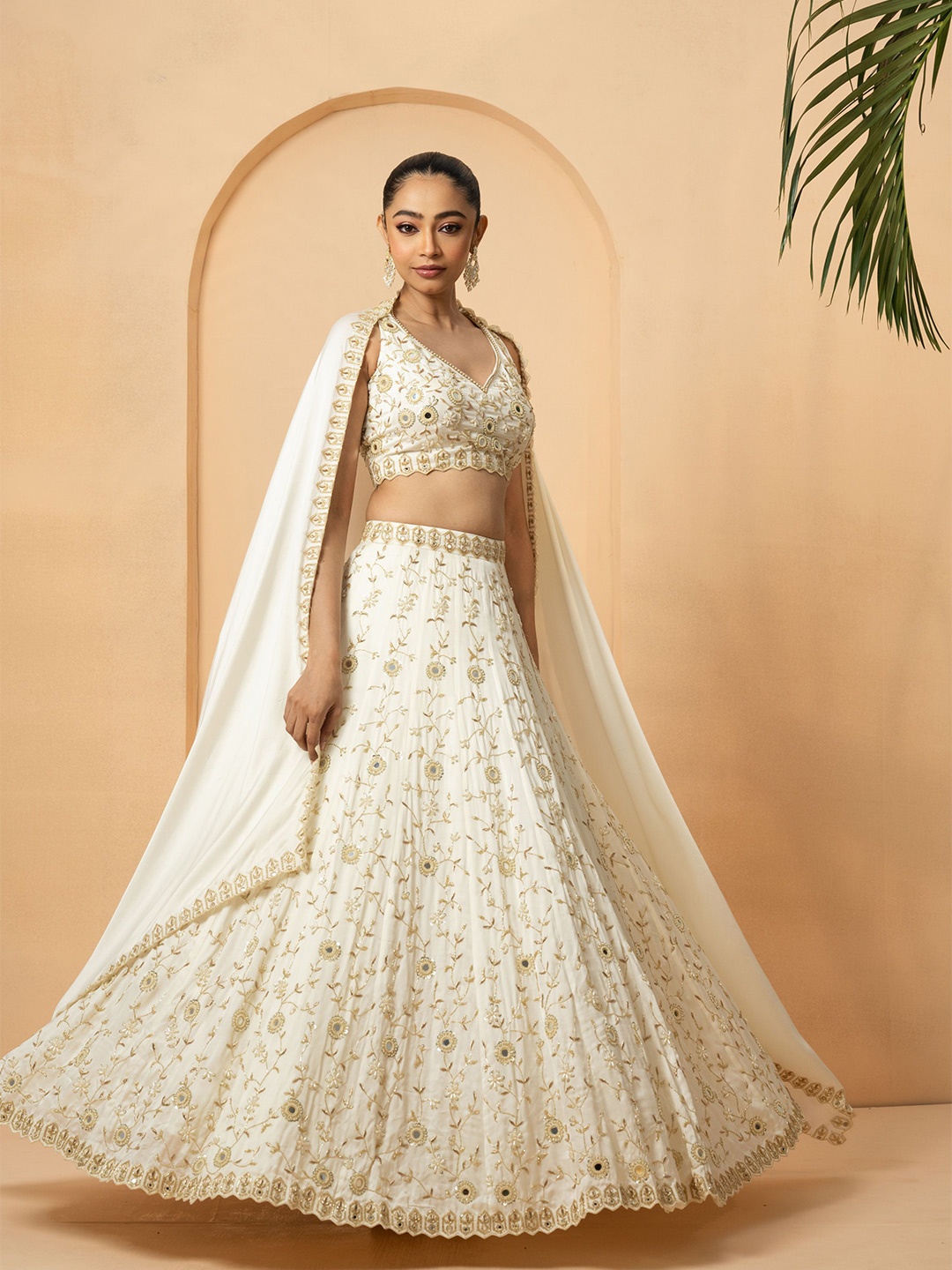 

Quench A Thirst Embroidered Mirror Work Ready to Wear Lehenga & Semi-Stitched Blouse With Dupatta, Off white