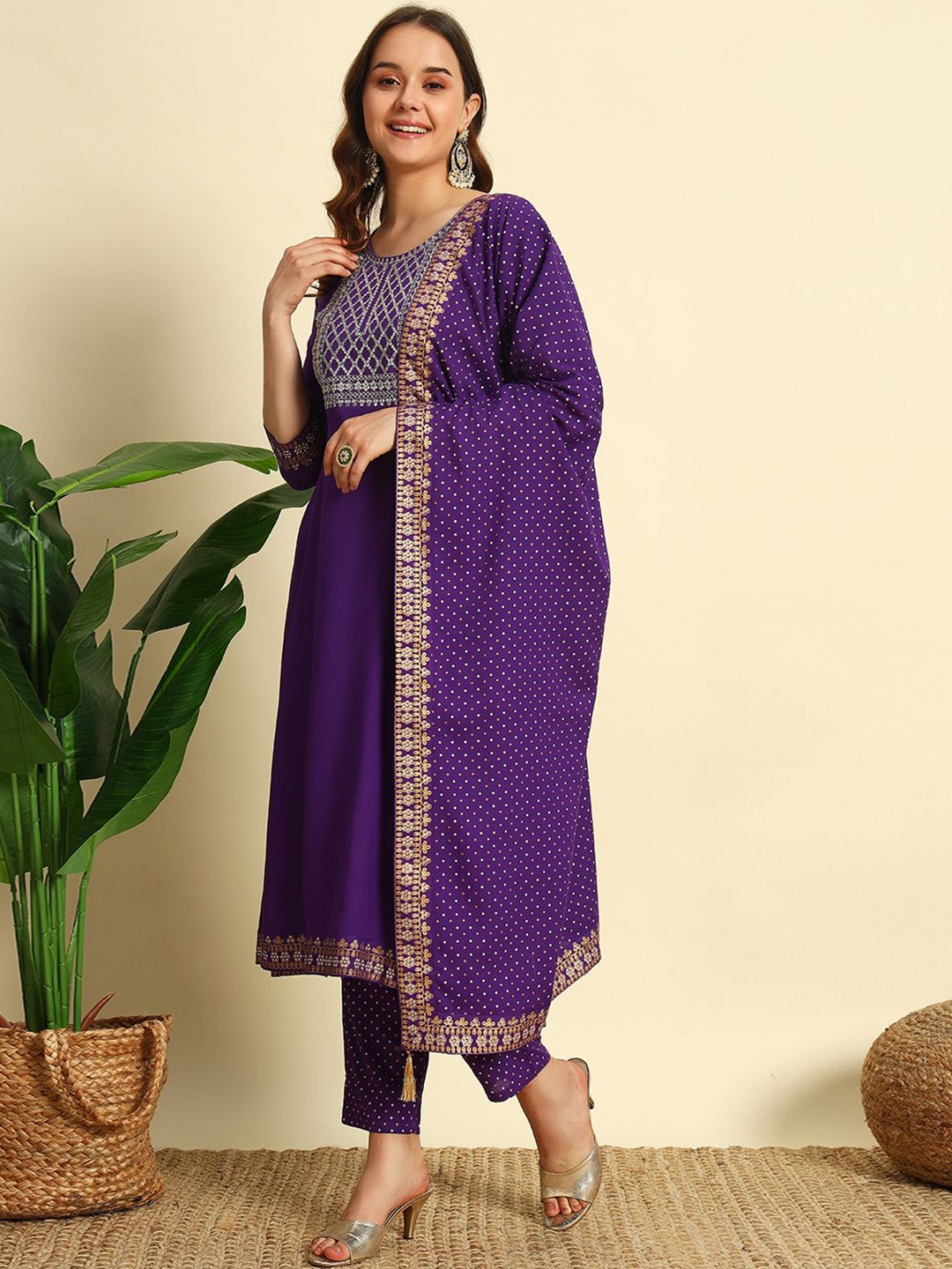 

IkDaiya Women Embroidered Regular Kurta with Trousers & With Dupatta, Purple