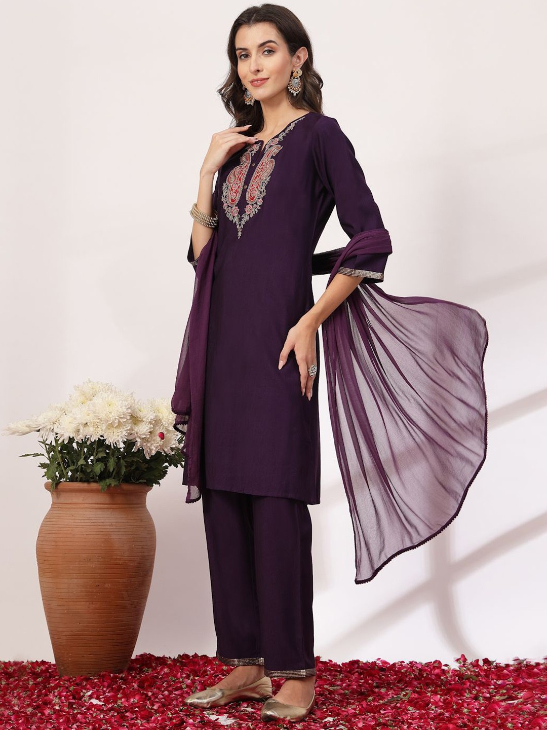 

Nayam By Lakshita Paisley Embroidered Thread Work Kurta with Trousers & Dupatta, Purple