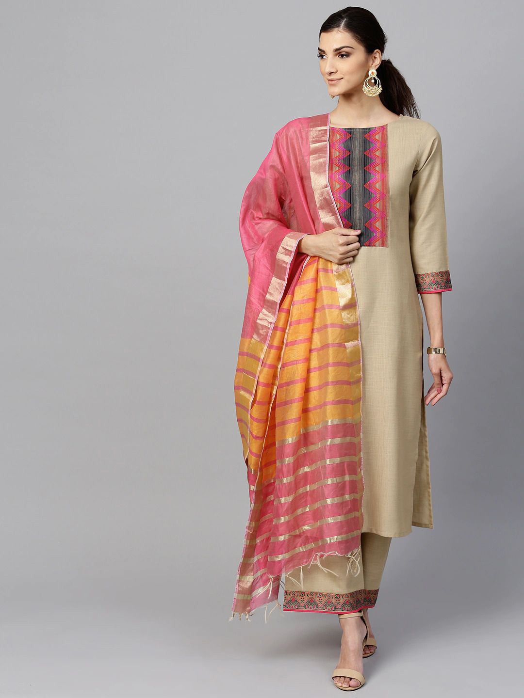 

CreationRajvi Printed Kurta With Trousers & Dupatta, Beige