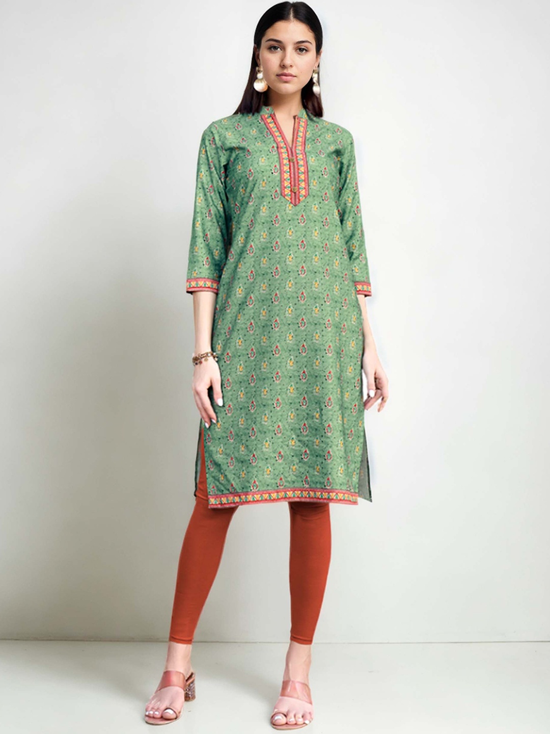 

Anouk Rustic Women Ethnic Motifs Printed Keyhole Neck Kurta, Green